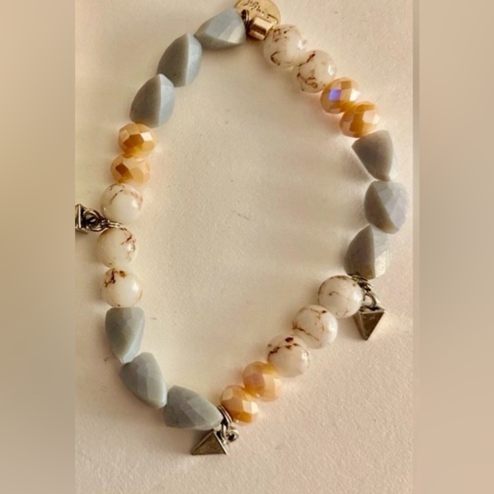 Erimish Crystal, stone & glass bead stretch bracelet peach, silver, gray, cream